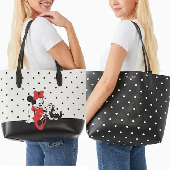 NEW Kate Spade X Disney Minnie Mouse & Figaro Tote Bag White Polka Dot Leather - Picture 2 of 11